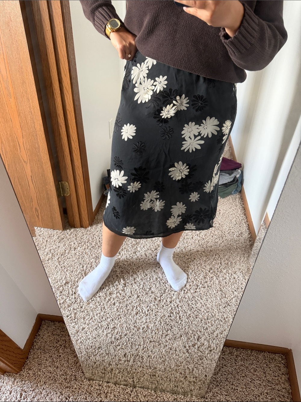 Liz Claiborne Black Midi Skirt with Cream Floral Print